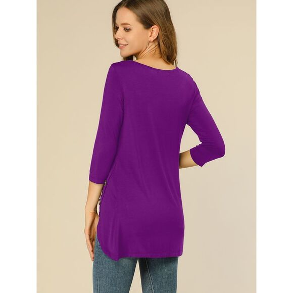 3/4 Sleeve Round Neck Button Decor Stretchy Tunic Tops Purple - Picture 5 of 6
